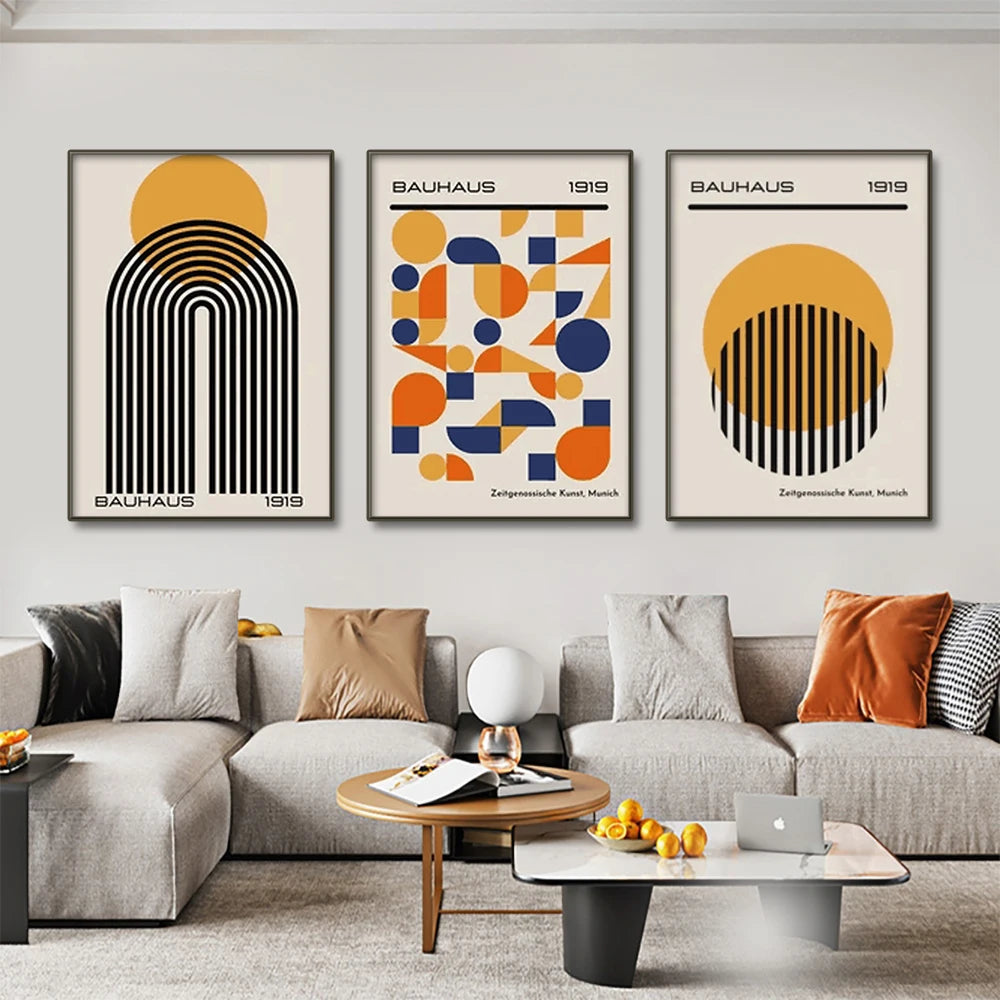 Abstract mid-century modern prints with bold geometric shapes for home decor
