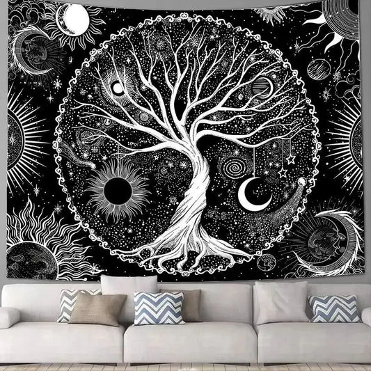 Black bohemian tree of life tapestry with sun and moon elements for wall decor

