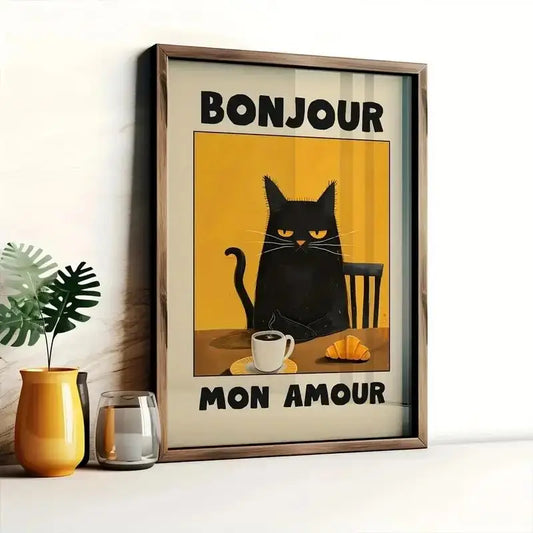 Black cat breakfast vintage wall art print for living and dining room decor

