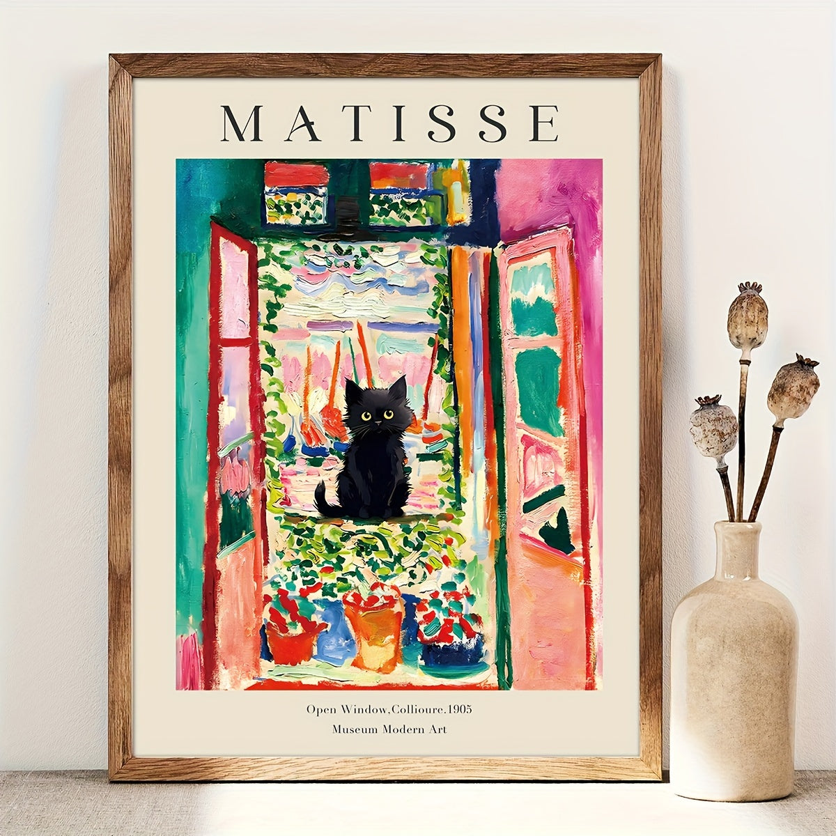 Black cat creative print with botanical and art deco style
