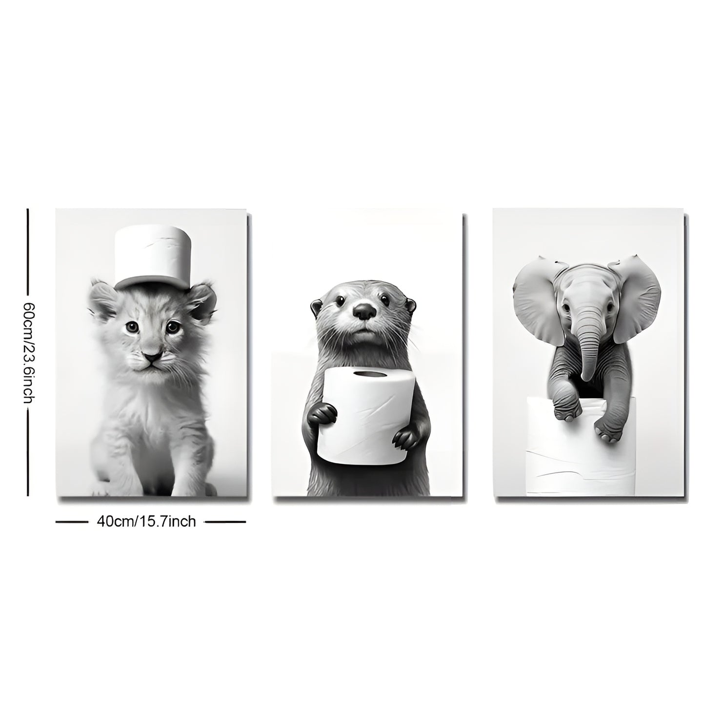 set of three black and white animal posters featuring lion and elephant
