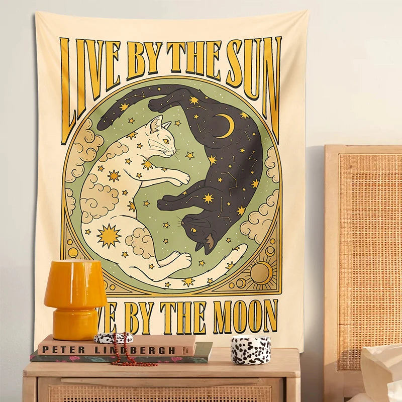 Black and white cat tapestry with starry tarot theme

