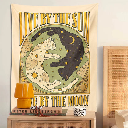 Black and white cat tapestry with starry tarot theme

