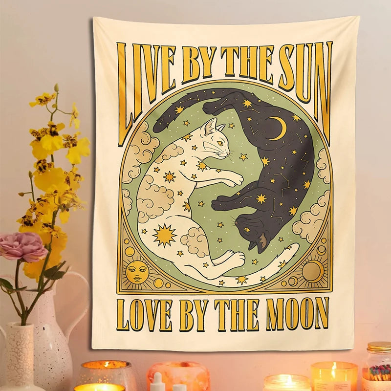 Retro black and white cat wall hanging with tarot design

