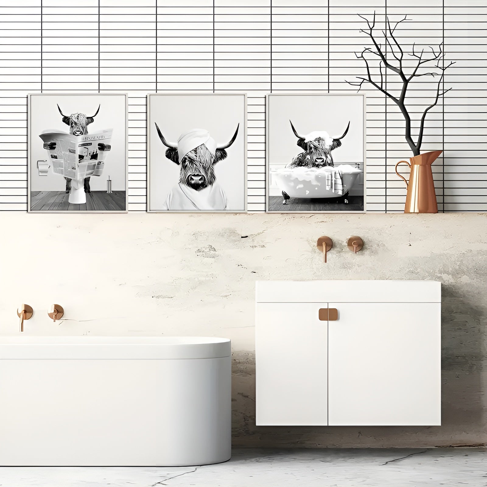 Set of 3 black and white Highland cow prints for rustic farmhouse-style bedroom wall decor
