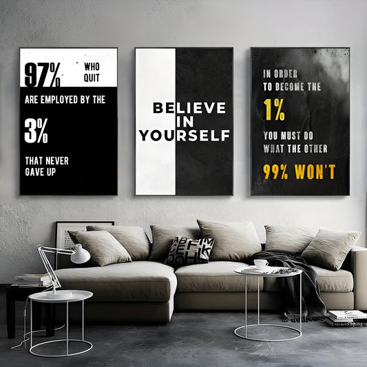 Black and white motivational canvas poster set with inspirational quotes for modern living room decor
