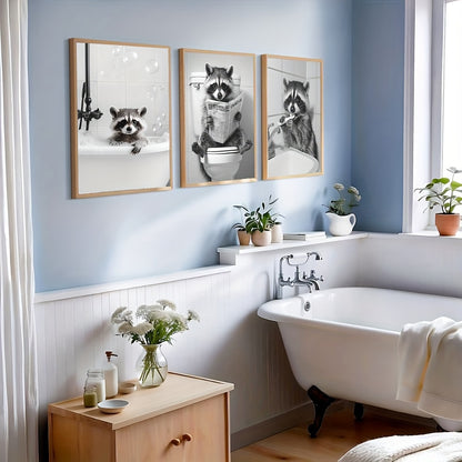 Modern raccoon wall art set unframed contemporary bathroom and bedroom decor
