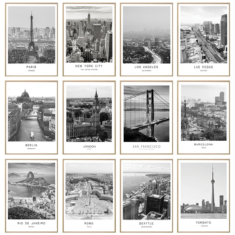 Black and white canvas painting of world city landscapes for modern home decor

