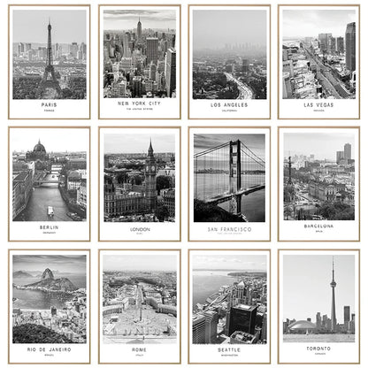 Black and white canvas painting of world city landscapes for modern home decor

