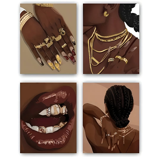 Set of 4 black woman canvas posters showcasing modern art and boho female aesthetics