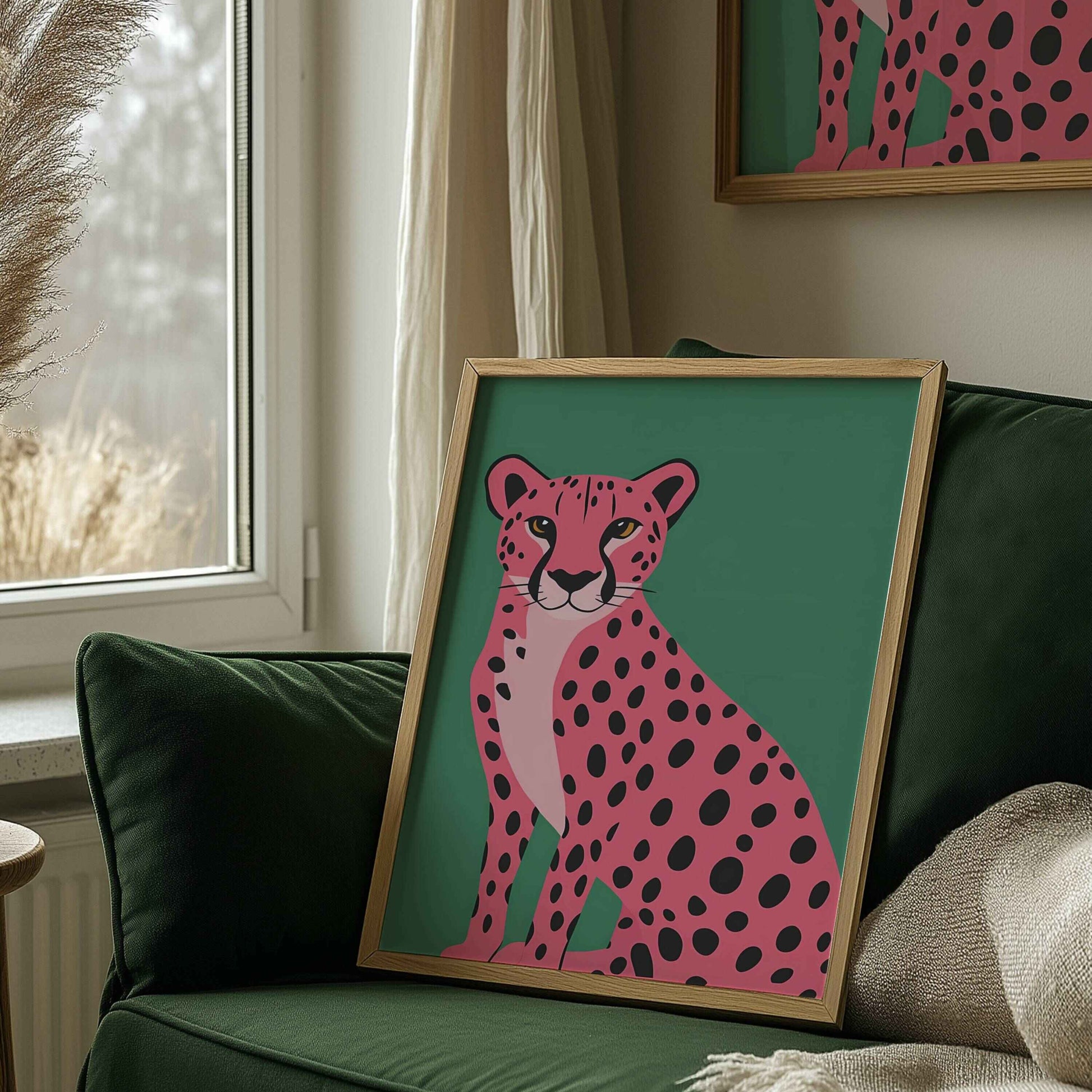 Stylish leopard in bloom print for creative home decor, nature-themed animal art, and colorful living room prints.	