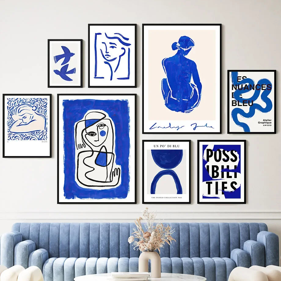 Minimalist abstract blue girl line art canvas poster for modern home decor

