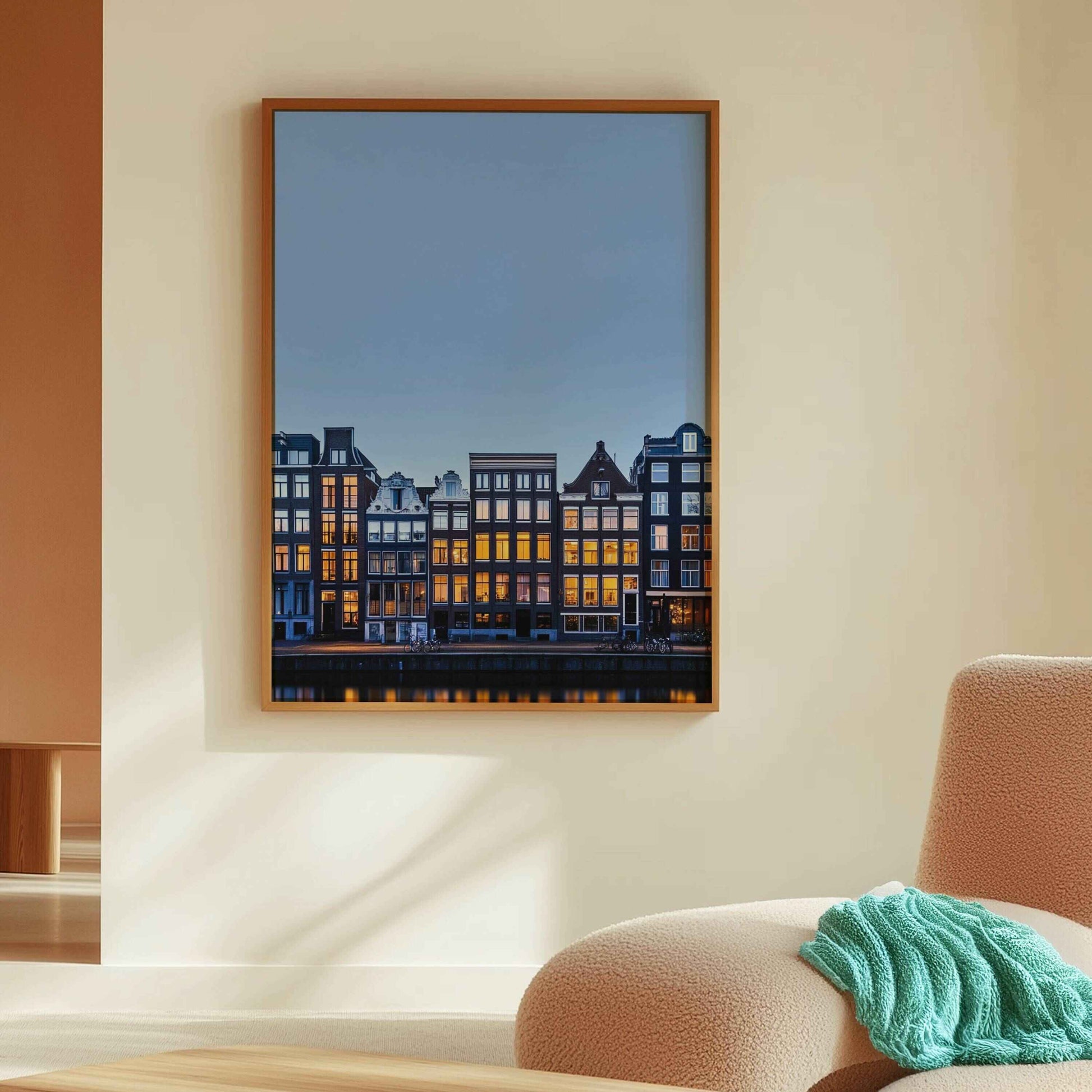 Scenic Amsterdam blue hour art for sophisticated home interiors, contemporary travel wall art, and city-themed prints.	