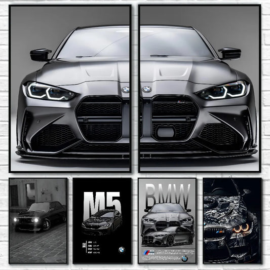 Black and white BMW M3 M4 M5 poster for car enthusiasts wall decor