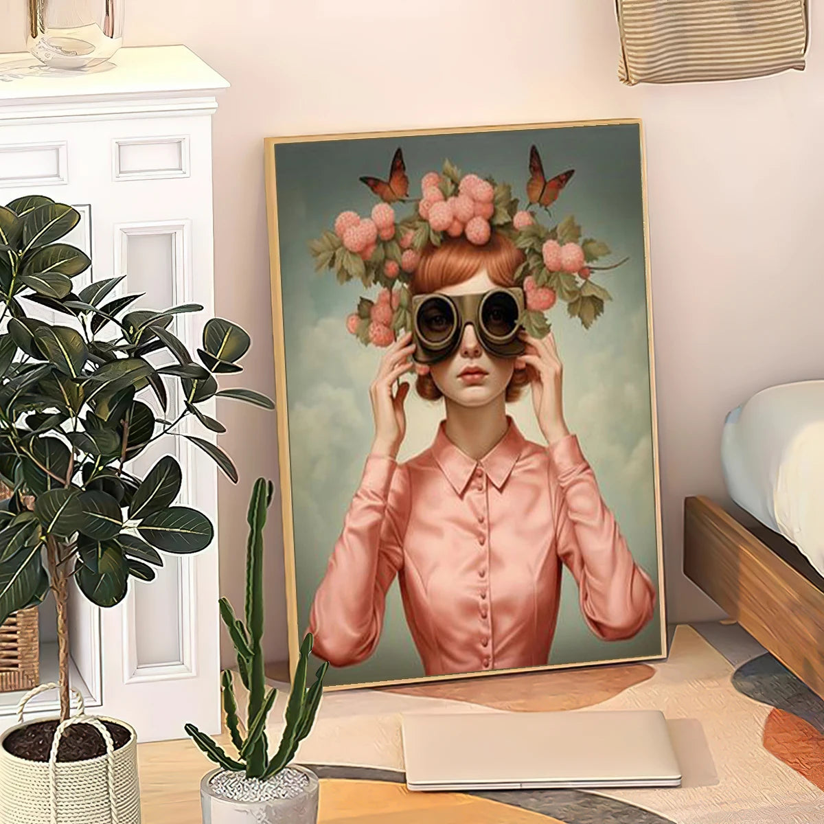 Bohemian style woman wall art with butterfly and floral elements

