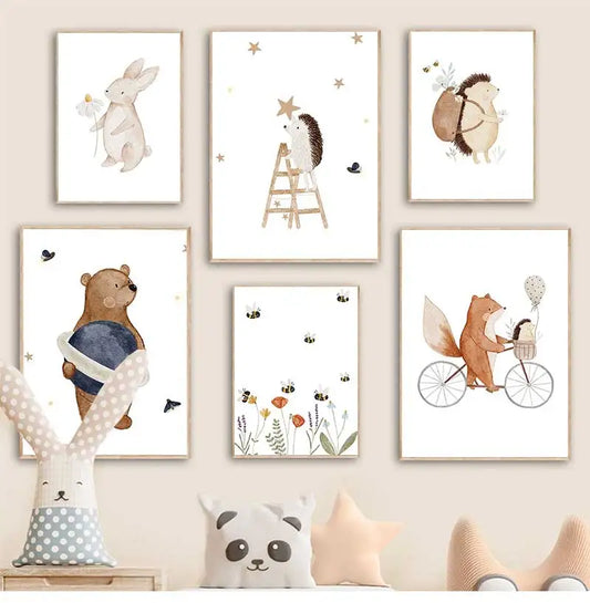 Boho cartoon fox rabbit bee bear hedgehog canvas painting for kids room

