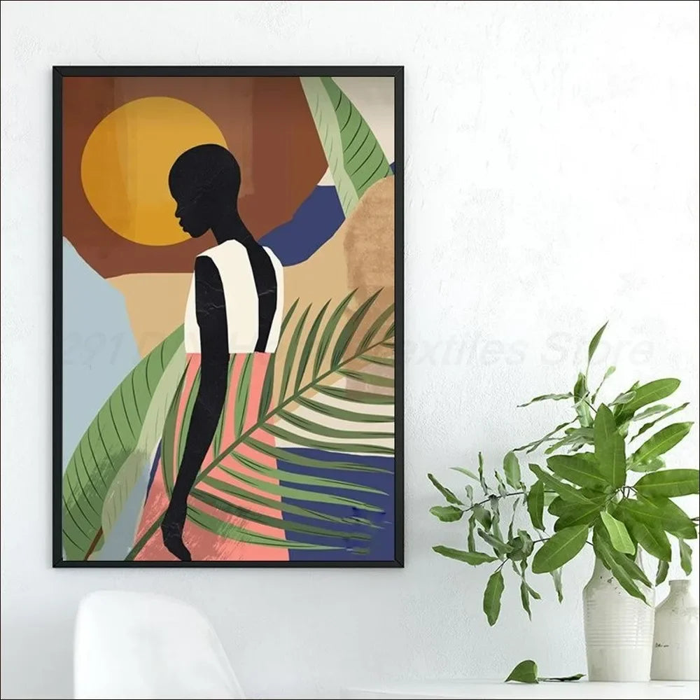 Boho-chic African woman floral poster for modern home decor
