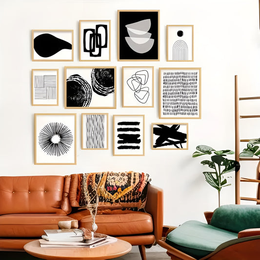 Set of 12 Boho Chic wall art prints with black & white abstract designs