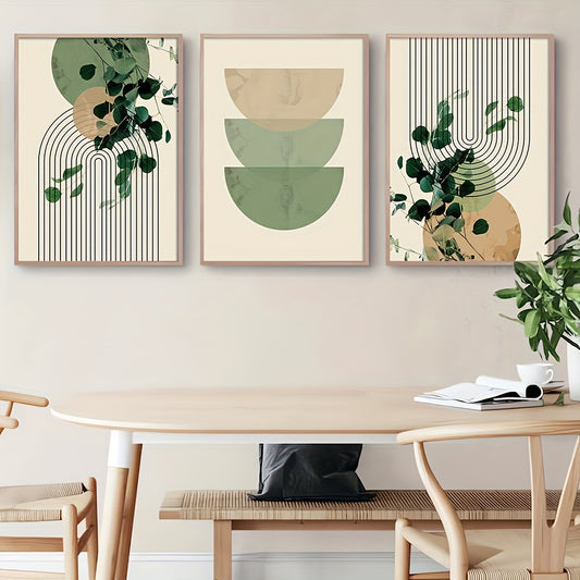 Three-piece boho green plant canvas prints with eucalyptus leaf design
