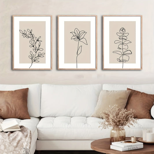 Boho style botanical canvas wall art with abstract plant and flower line drawing
