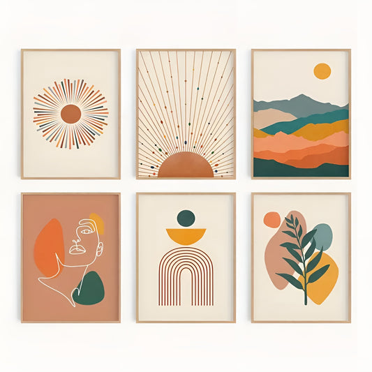 Stylish boho-themed orange and brown canvas prints for living room, bedroom, or workspace decor