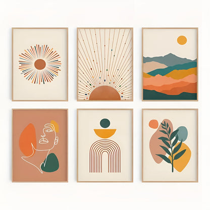 Stylish boho-themed orange and brown canvas prints for living room, bedroom, or workspace decor
