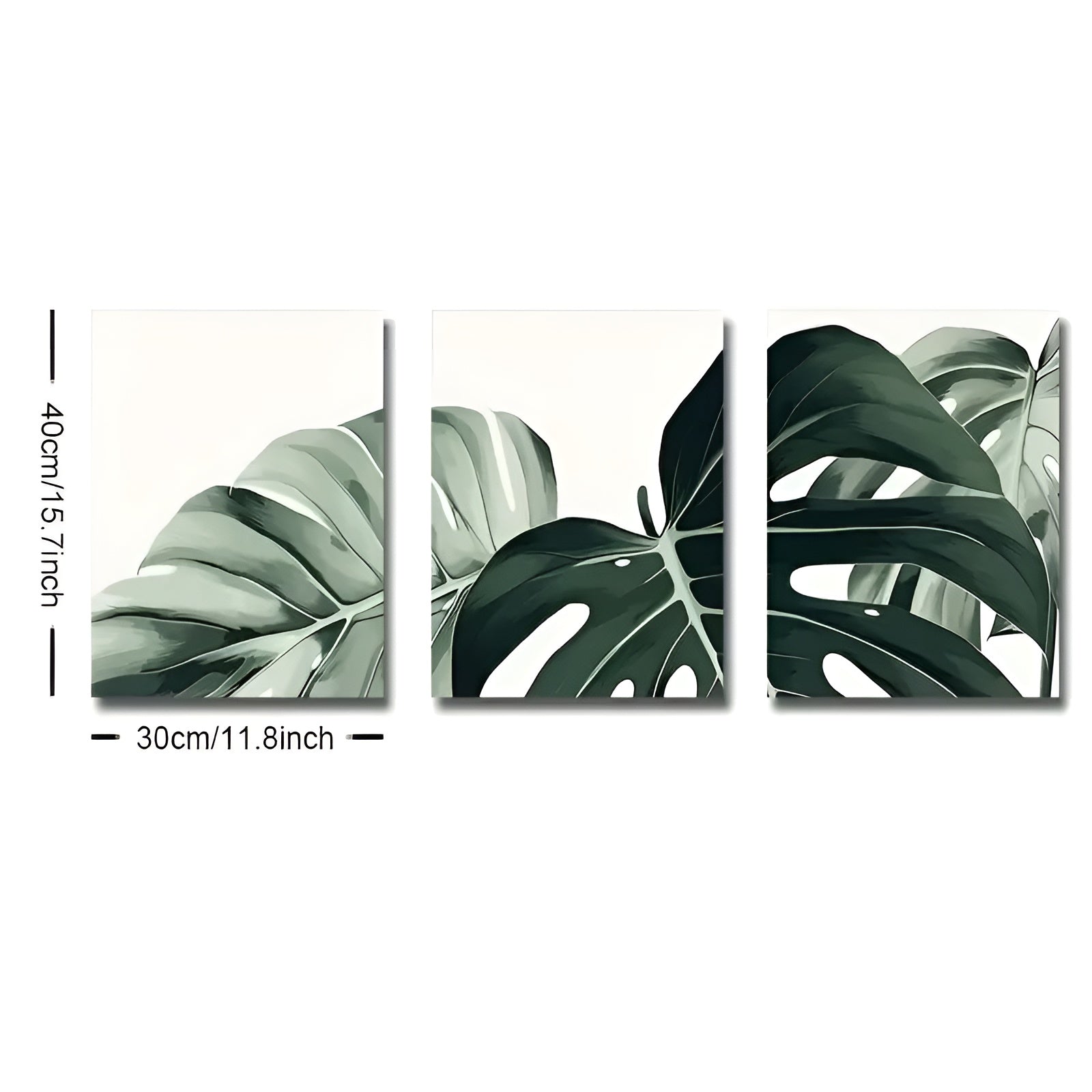 Botanical triptych canvas wall art featuring Monstera leaves, perfect for living room and bedroom decor.
