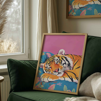 Cute sleepy tiger print for cozy living room decor, animal-inspired wall art, and serene room decoration.	