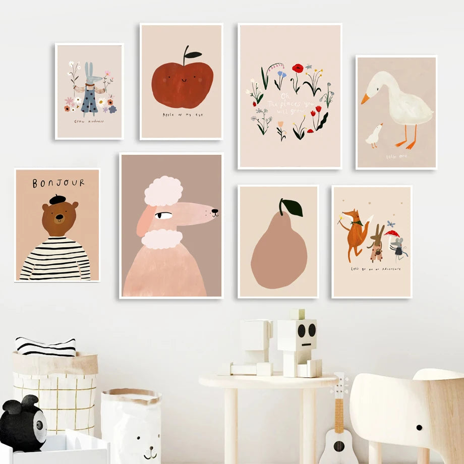 Cartoon dog and rabbit nursery wall art poster for kids room decor

