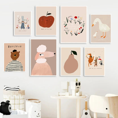 Cartoon dog and rabbit nursery wall art poster for kids room decor

