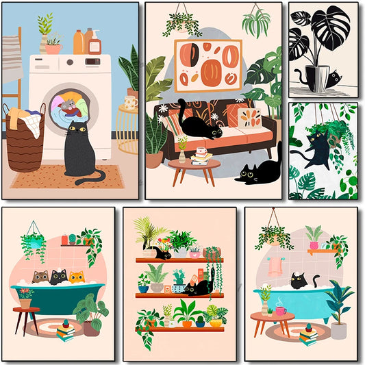 Cartoon cute cat life illustration colorful wall art for living room