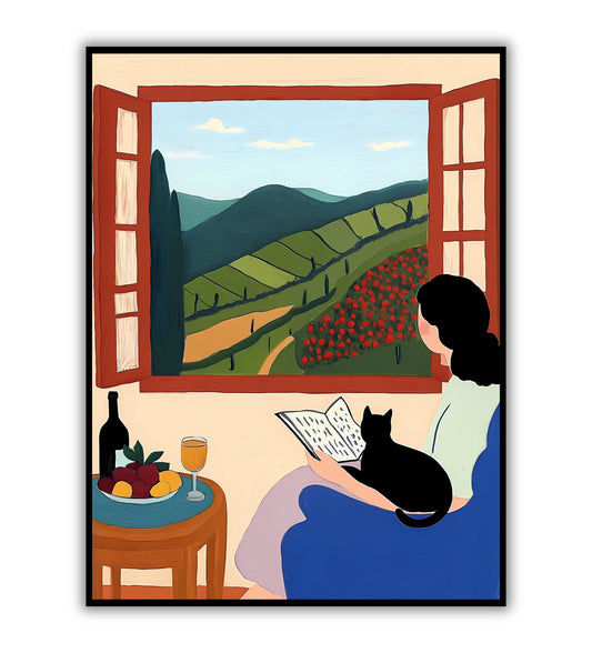 Cat and Wine poster for quirky and cozy wall decor.