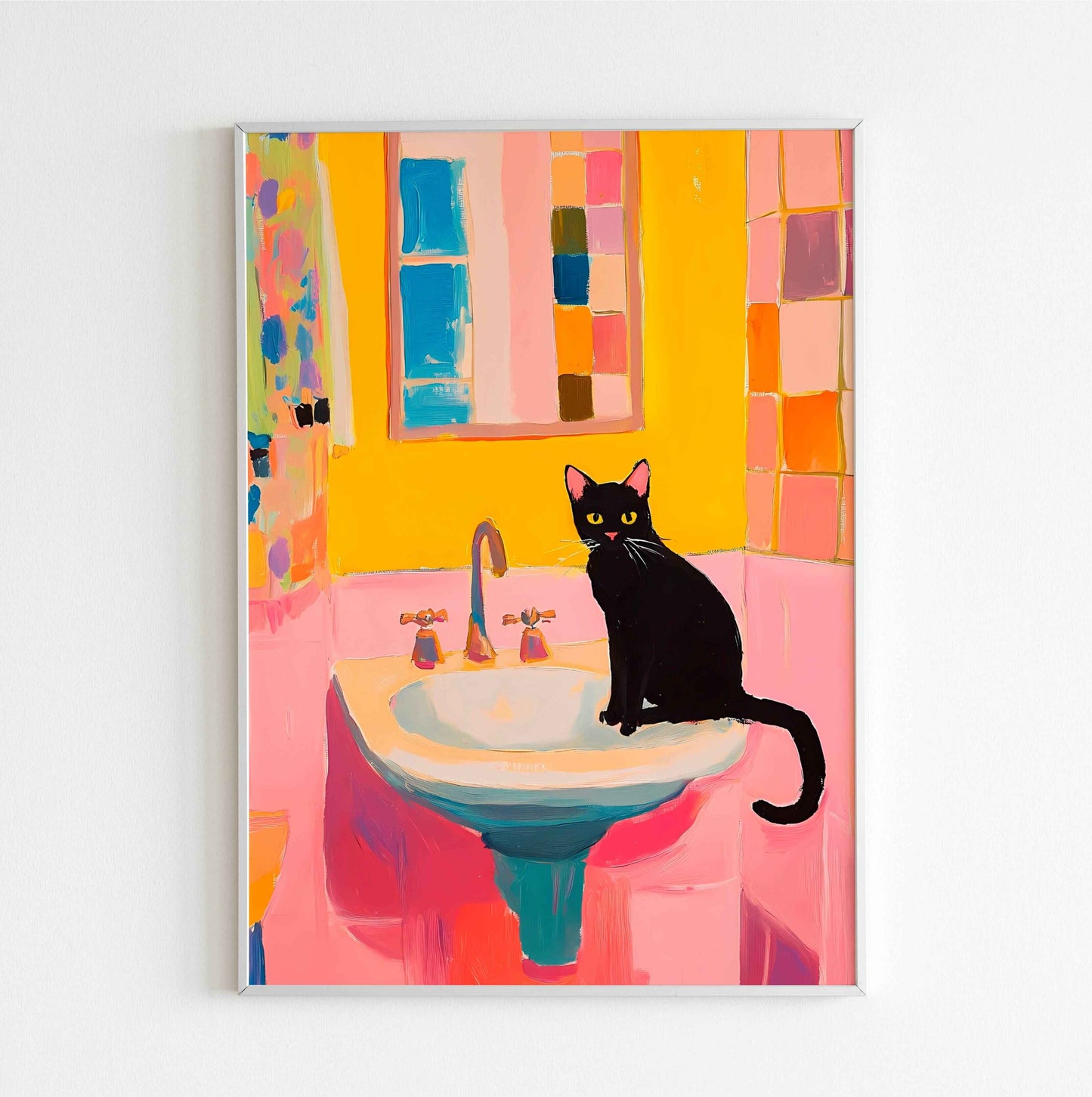 sinkside cat quirky bathroom art print digital download for pet lovers
