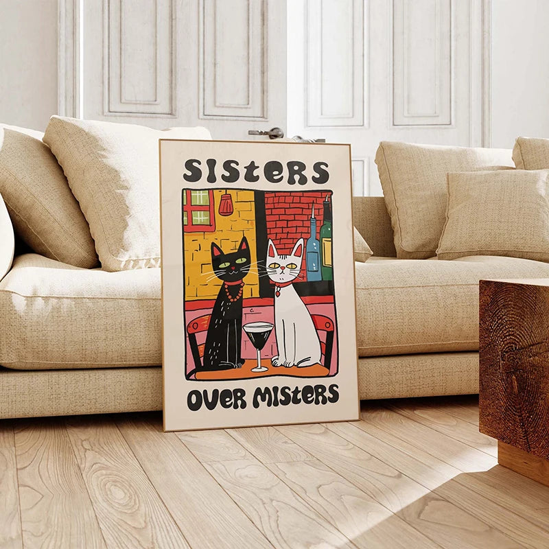 Cat chef holding dishes artwork for retro kitchen decoration

