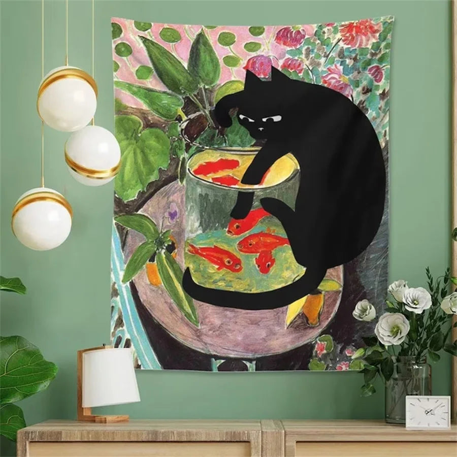 Curious cat fabric wall hanging with botanical accents

