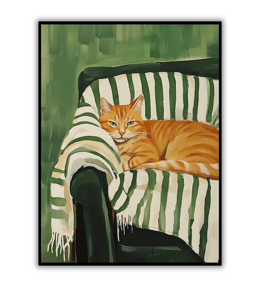 Cat on the sofa poster for cozy home decor, feline-themed prints, and relaxing room art.	