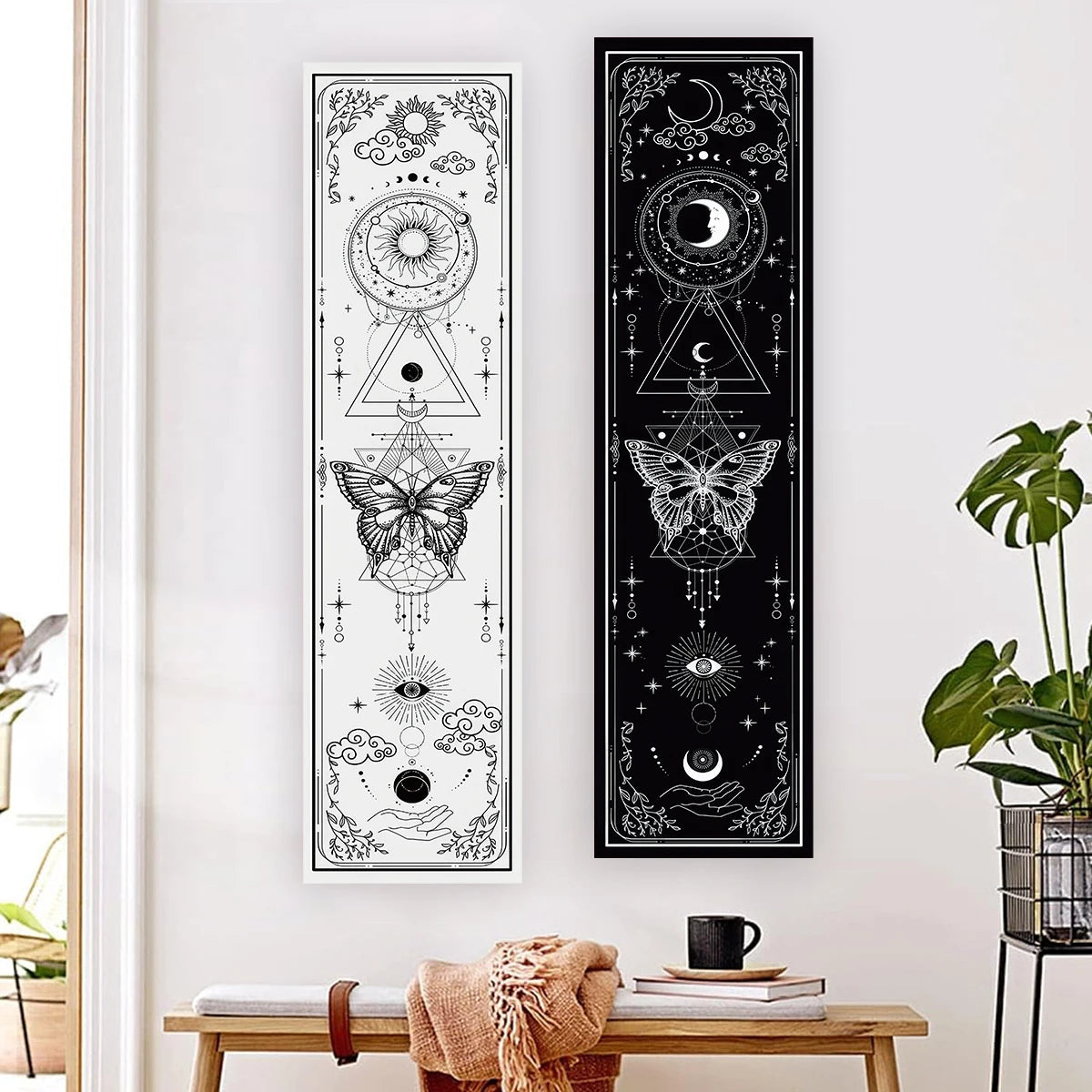 Vertical moon and sun wall hanging for gothic themed home decoration


