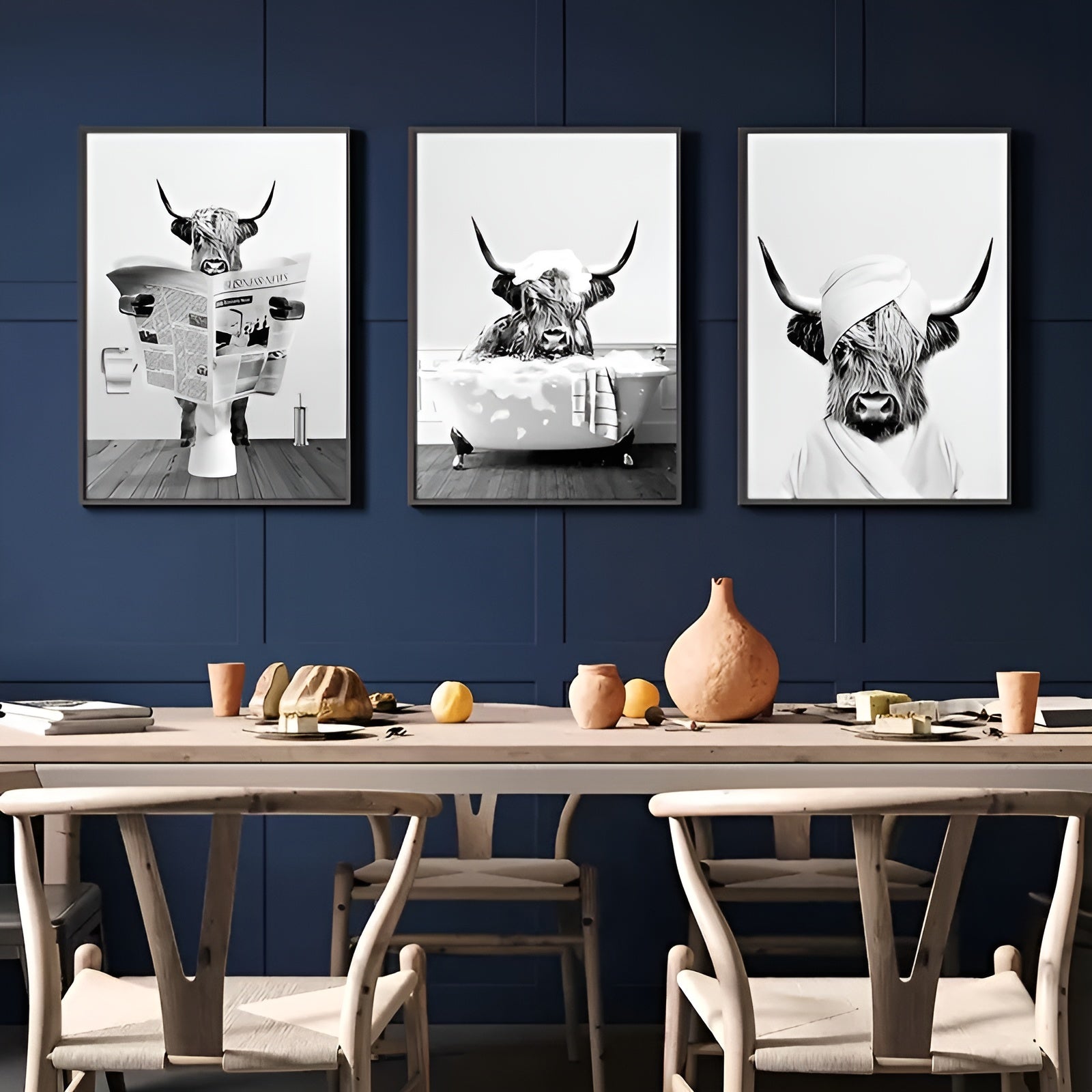 Farmhouse-style humorous Highland cow canvas art for bathroom, living room, and more
