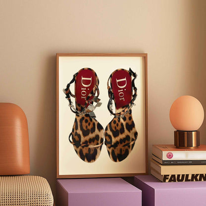 Preppy wall art with cheetah heels for trendy interiors.
