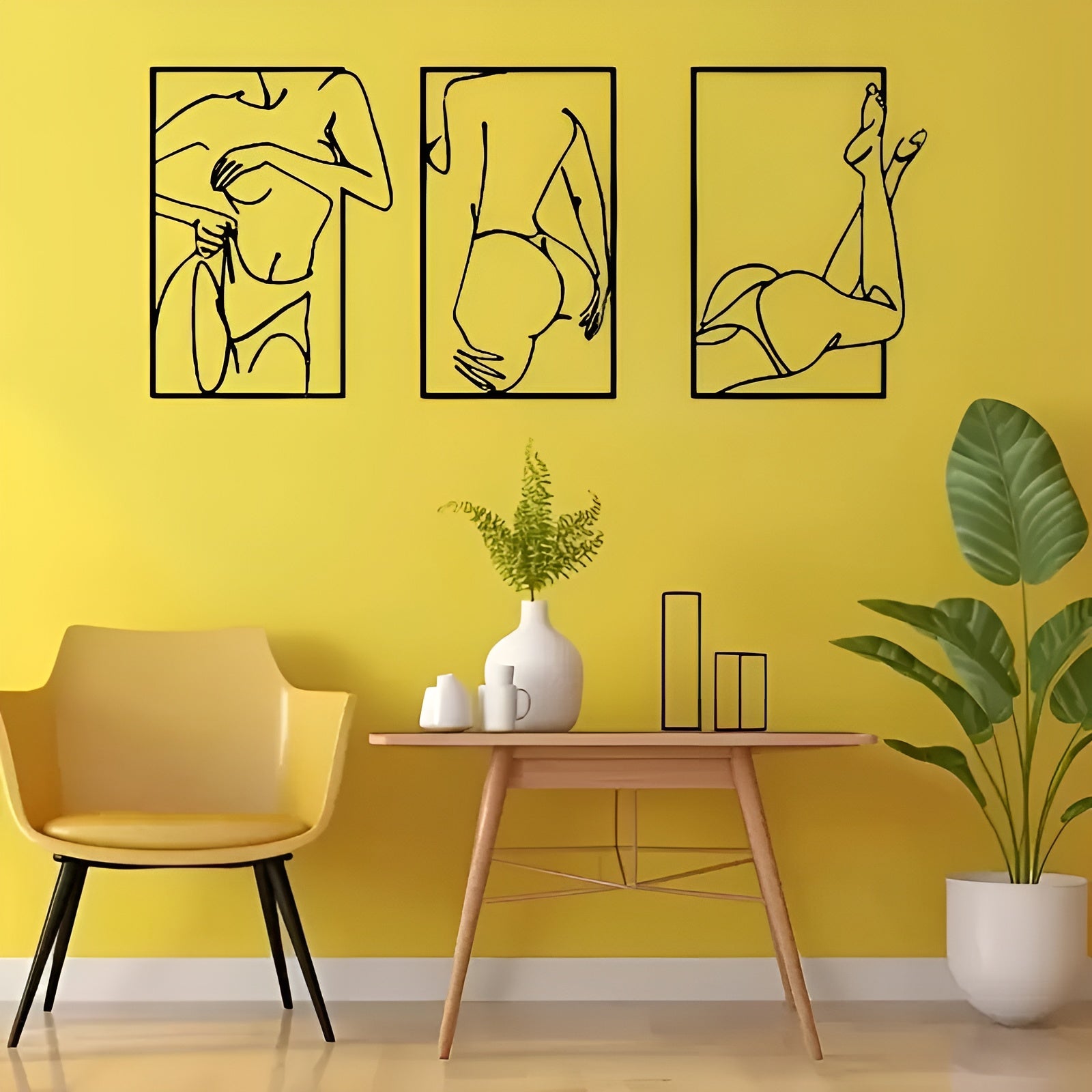 Chic minimalist metal line art decor featuring female figures for modern interior design
