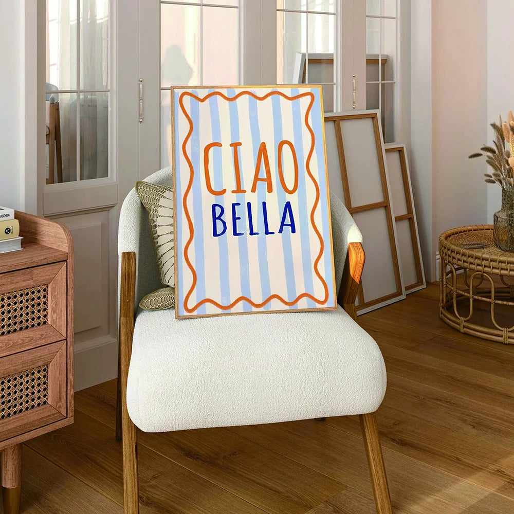 Modern Italian Ciao Bella quote wall art in pastel blue canvas

