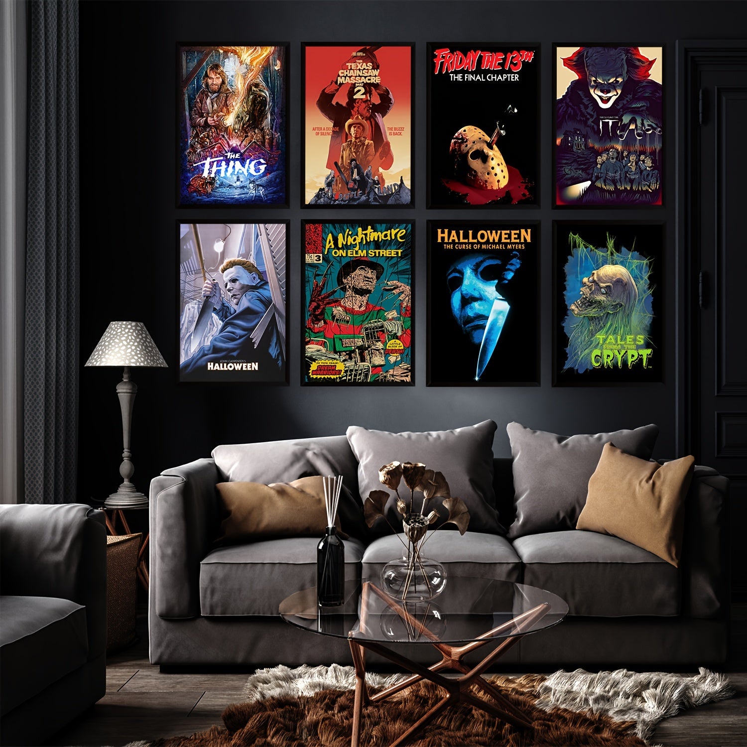 Classic scary movie art prints featuring horror film characters
