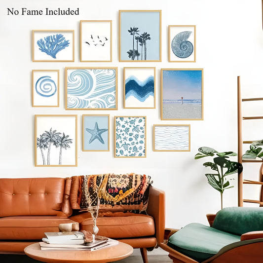 Coastal boho beach abstract wall art set for living room and bathroom decor.