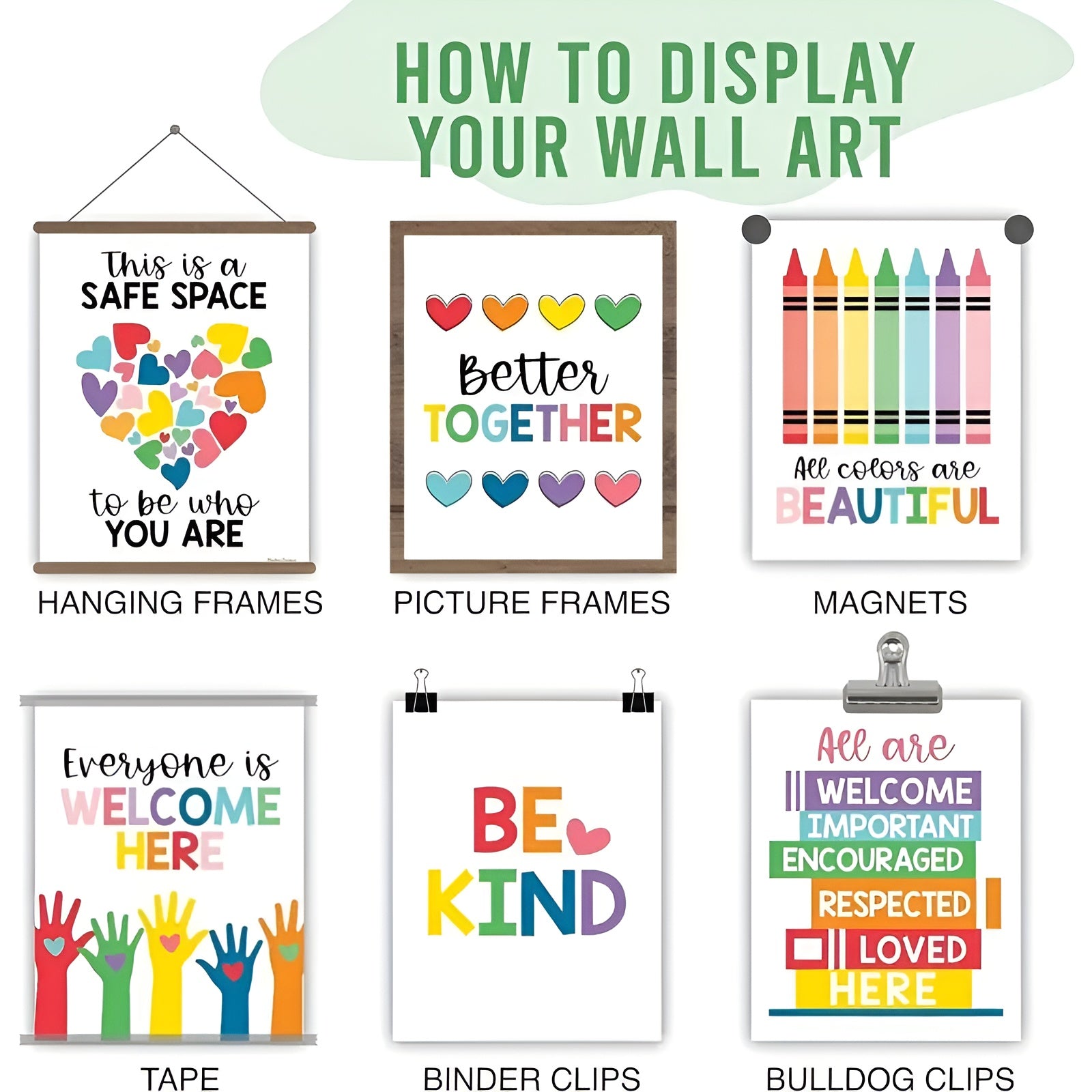 Bright and cheerful posters for classroom decor emphasizing inclusiveness
