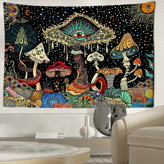 Colorful mushroom forest tapestry with surreal eye pattern for wall decor

