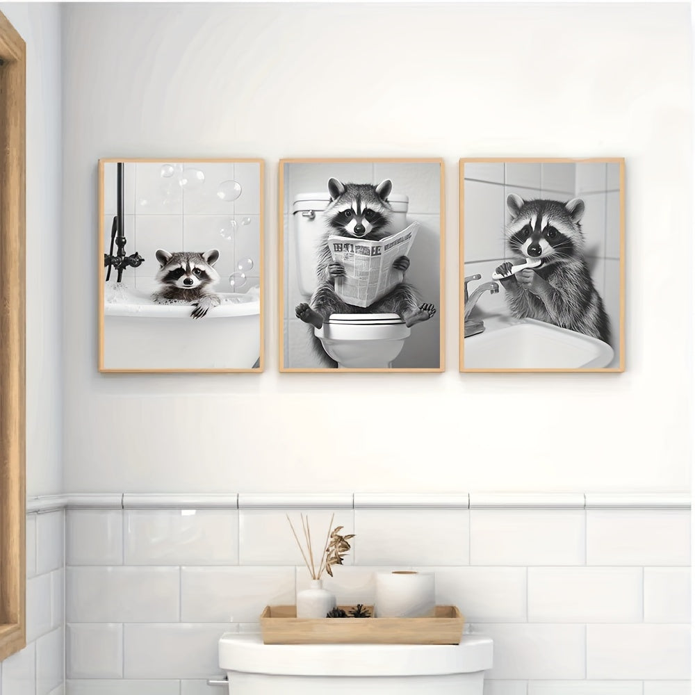 Stylish raccoon art prints contemporary animal theme for living room decor
