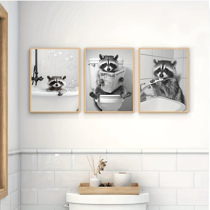 Stylish raccoon art prints contemporary animal theme for living room decor
