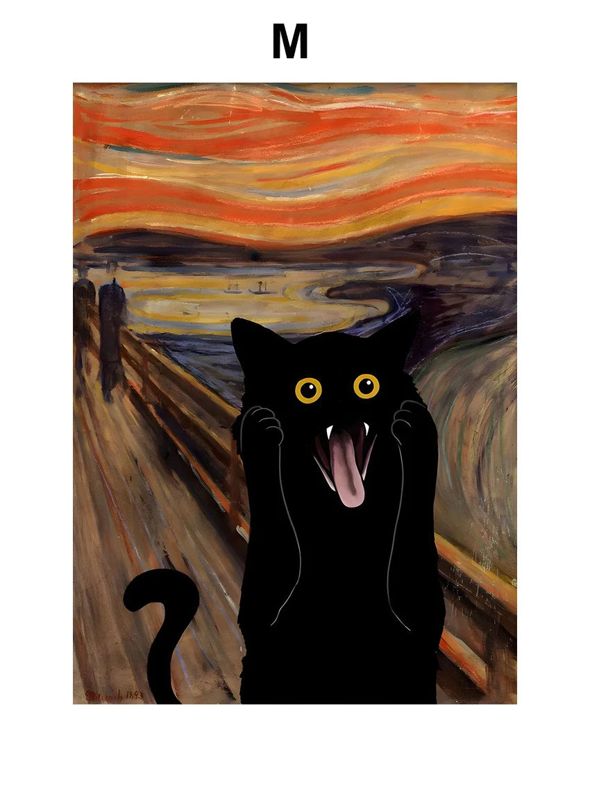 Modern art with black cat design featuring Van Gogh sunflowers and Matisse Monet fusion
