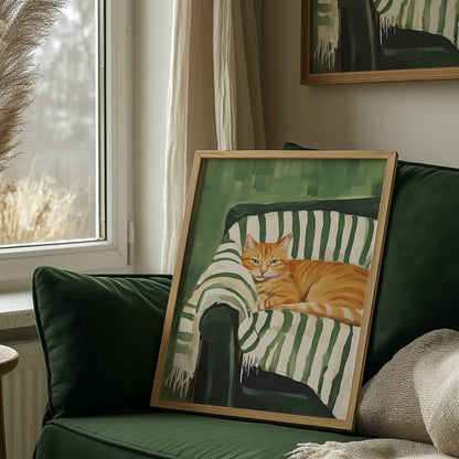 Relaxing cat on the sofa print for peaceful living room art, animal-inspired wall decor, and cozy home interiors.	