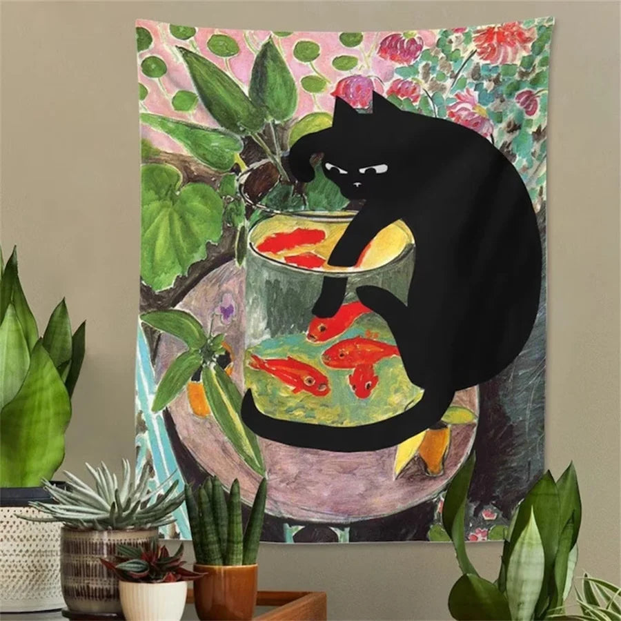Curious kitty tapestry with cat and goldfish design

